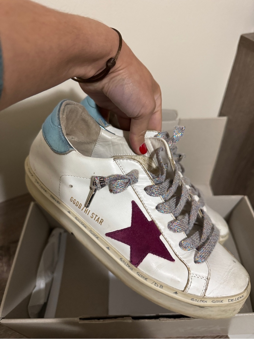 Golden Goose White Leather Sneakers with Purple Star and Light Blue Heel